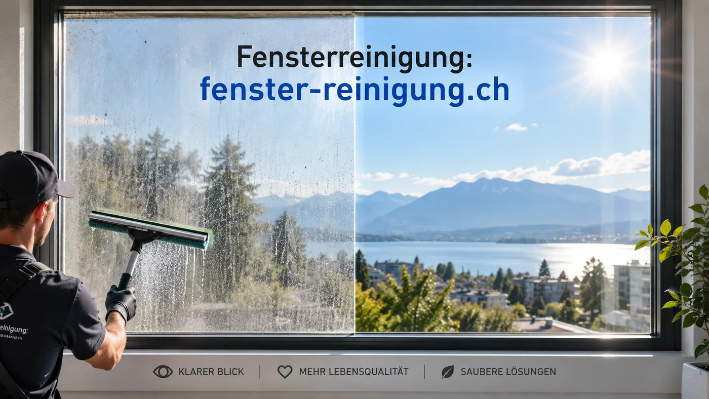 Fensterputzer reinigt eine verschmutzte Scheibe, daneben eine klare saubere Fensterhälfte