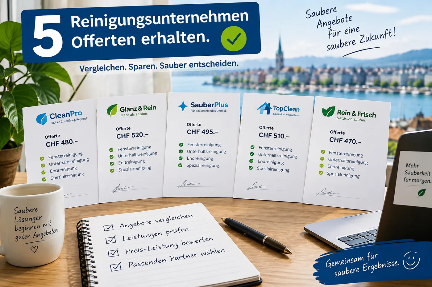 Illustrative Darstellung mehrerer Reinigungs-Offerten zum Preis-Leistungs-Vergleich